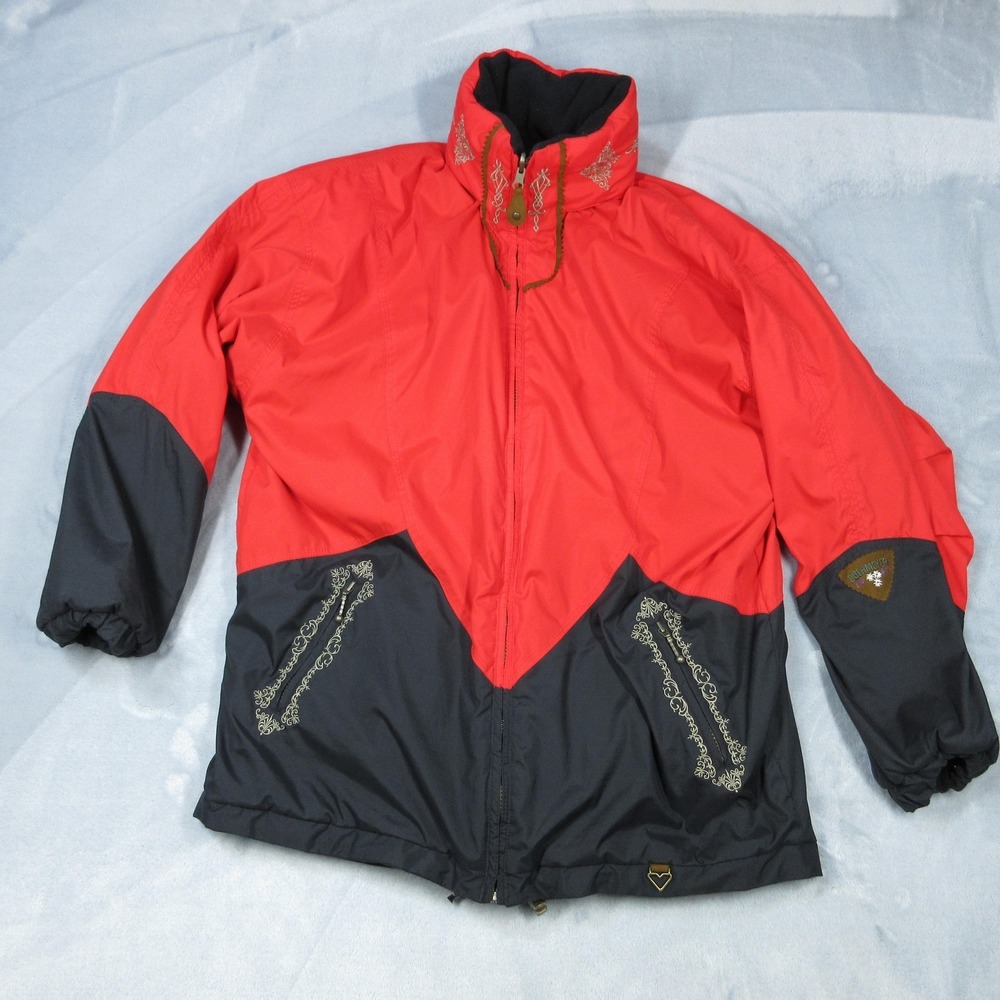 Obermeyer Jacket Womens 10 Red Black Hooded Reversible‎ Fleece Ski Winter Warm